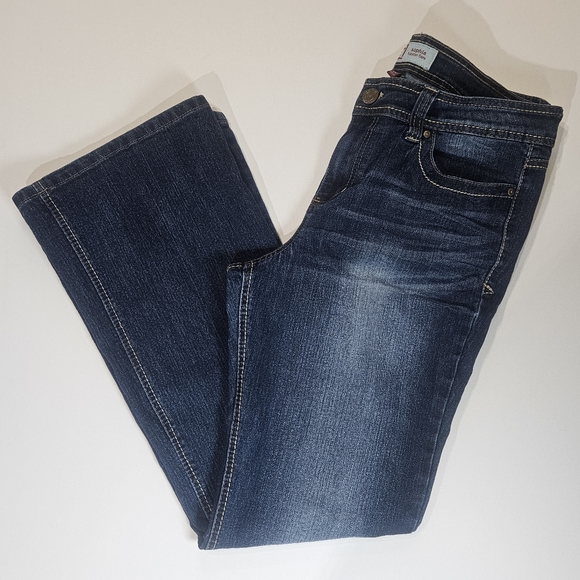 LEI Womens Jeans 15R Dark Wash Sophia Hipster Flare Y2K Retro Embroidered Pocket - Picture 1 of 7